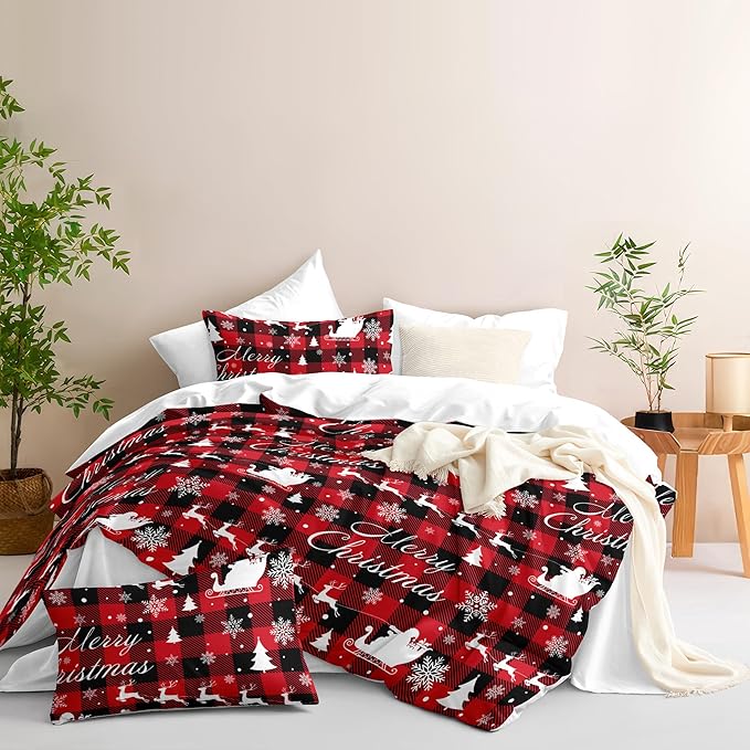 Christmas Duvet Cover King Size Red Black Gingham Bedding Set Kids Boys Girls Christmas Deer Pattern Soft Warm Comforter Cover 3 Pieces with Zipper Closure (No Comforter)