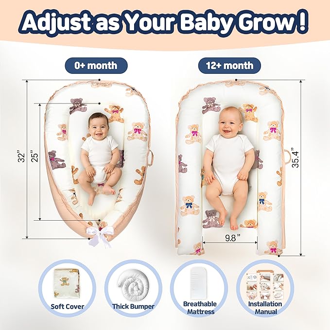Baby Lounger for Newborn 0–24 Months, Baby Pillow & Baby Nest Lounger, Organic Cotton Breathable Infant Pillow, Portable Baby Nest for Home & Travel (Ivory)