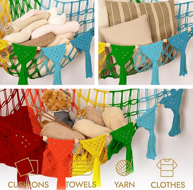 Macrame DreamLights Boho Animal Storage Net - Extra Large and Small Stuffed Animal Net or Hammock (Rainbow)