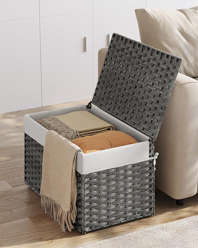 SONGMICS Storage Basket with Lid, 27.7 Gallon (105L) Storage Bin, Woven Blanket Storage Basket with Handles, Foldable, Removable Liner, Metal Frame, for Bedroom, Laundry Room, Gray URST066G01