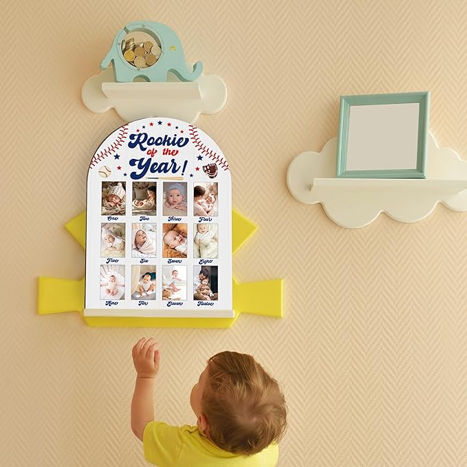 Baseball My First Year Photo Board, Rookie Of The Year Baby Milestone Signs for Boys Girls Nursery Decor, 12 Month Wooden Picture Board for 2x3 Photos, Best Babies Keepsake Gifts-A09