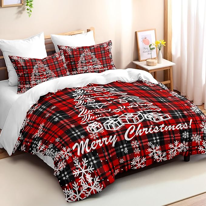 Christmas Duvet Cover Twin Size Black Red Gingham Xmas Bedding Set Kids Boys Girls Christmas Tree Plaid Pattern Soft Comforter Cover 2 Pcs with Zipper Closure (No Comforter)