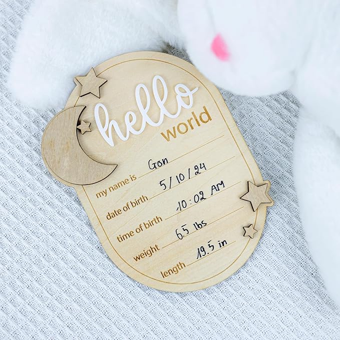 Baby Announcement Sign Star, 6.5 Inch Wooden Hello World Newborn Welcome Sign Birth Name Plaques for Photo Props Baby Shower Hospital Nursery (A62)