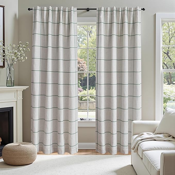 MYSKY HOME 100% Blackout Plaid Farmhouse Linen Curtains 84 Inch Long 2 Panels Set for Living Room Double Layer Checkered Drapes Thermal Insulated Privacy Protection Rod Pocket Back Tab, 52" W, Green
