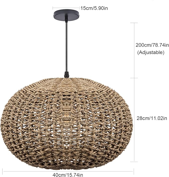 Arturesthome 1 Light Handwoven Boho Pendant Light, Rattan Wicker Hanging Ceiling Lighting Weave Chandelier Lamp Shade for Kitchen Island Restaurant Craft Room