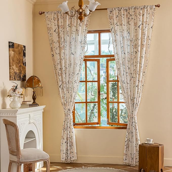 ENJOYBRIDAL Floral Curtains 63 Inches Long 2 Panels Set Farmhouse Rod Pocket Drapes for Bedroom Boho Cute Short Window Curtain Panels Rustic Living Room Semi Sheer Cottage Vintage Window Treatments