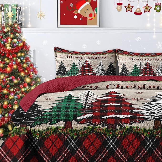 Christmas Full/Queen Size Quilt Set, Black Red Plaid Lightweight Bedspread Coverlet with Pillow Shams for Kids and Adults, Retro Colorful Pine Tree 3 Pcs Bedding Bed Cover