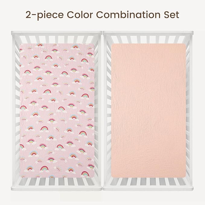 david's kids Muslin Crib Sheets for Girls, 2 Pack 100% Cotton Soft Breathable Fitted Baby Sheet Set, Standard 52"x28" Crib and Toddler Mattress, Rainbow