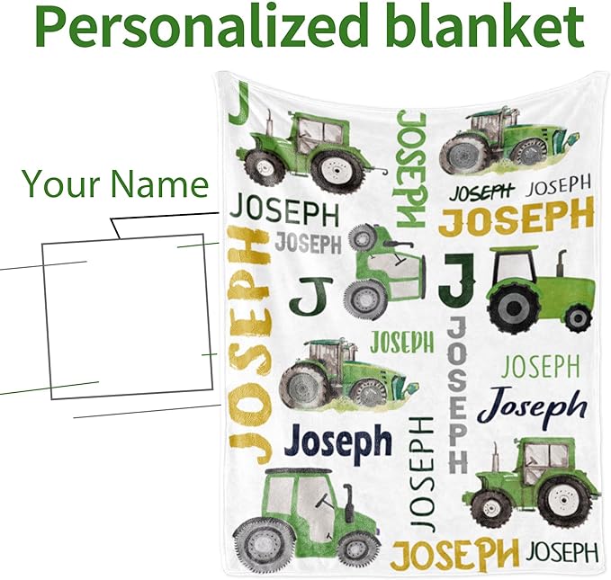 Personalized Tractor Blanket with Name for Baby Boys, Custom Name Blanket Trucks for Kid, Soft Flannel Toddler Blankets Customized Gift for Newborn Baby Shower Birthday-30 x40