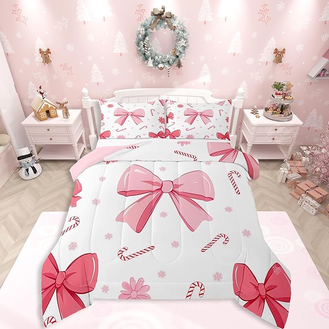 Feelyou Pink Bowknot Comforter Set All Season Christmas Candy Cane Snowflake Bedding Set with 2 Pillow Cases Cute Bow Microfiber Kids King Bedclothes Dreamy Princess Style Bedroom Decor Duvet Quilt
