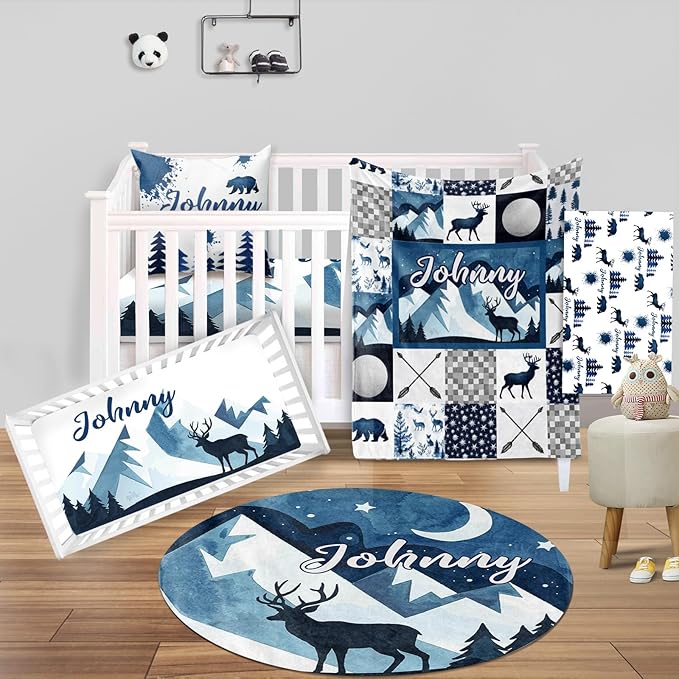 Custom Crib Bedding Set - Woodland Animals Design Personalized Name Baby Nursery Bedding 3 Pcs Set - Chic Soft Blanket, Sheet, Pillowcase for Newborns Boys Girls Gifts Color22