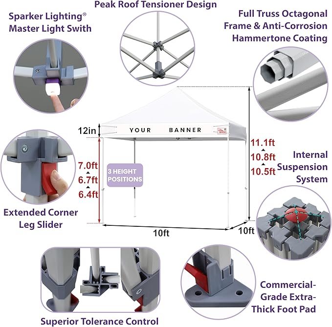 Tradesparker 10x10 Pop Up Canopy Tent,Commercial Movable Canopy with ApexCore LED & Rugged Casters-Instant Easy Setup Shelter Canopies with Weight Bags & Stakes for Oudoor Events Markets Vendors