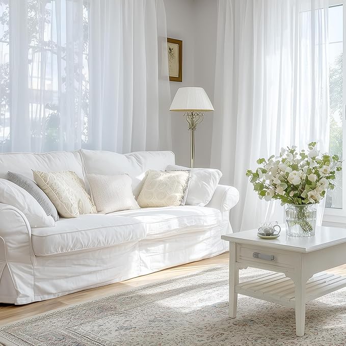 Dreaming Casa White Sheer Curtains 102 Inches Long, Rod Pocket & Back Tab Light Filtering Textured Sheers for Living Room Bedroom, 2 Panels, Each 52" W x 102" L
