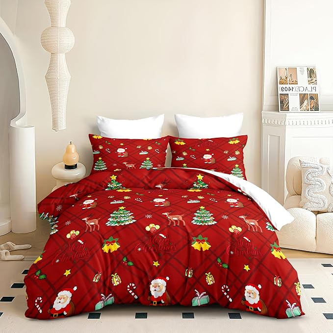 Christmas Duvet Cover Queen Size Red Gingham Christmas Bedding Set 3 Pcs Kids Boys Girls Xmas Grid Checked Cartoon Deer Pattern Comforter Cover with Zipper Closure (No Comforter)