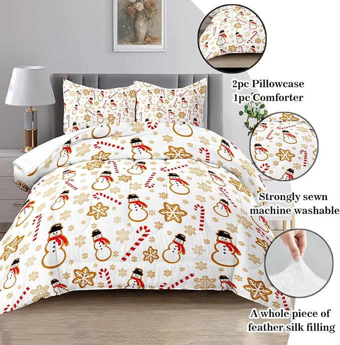 Raphus cucullatus Christmas Bedding Full,Snowman Christmas Comforter Set,Holiday Bedding Winter Quilt,Snowflake Navidad Comforter Set Full,Cute Candy Cane Quilt