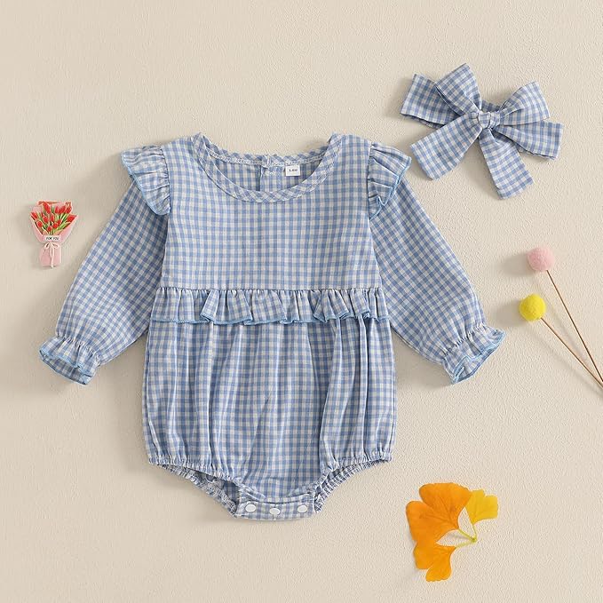 Karuedoo Newborn Baby Girl Clothes Gingham Plaid Bubble Romper Long Sleeve Ruffle Bodysuit with Headband Spring Fall Outfit