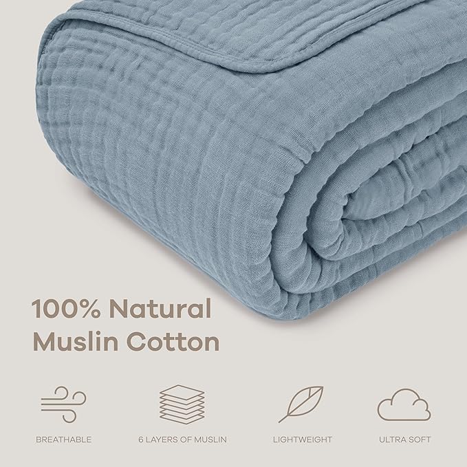 Comfy Cubs Muslin Blanket for Adults Twin 90" x 66" - 6 Layer Soft, Breathable & Lightweight Muslin Adult Blanket - Machine Washable & Designed in The US Bedding for All Seasons - Pacific Blue
