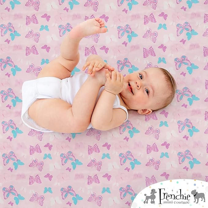 Frenchie Mini Couture, Fitted Pack n Play Sheets, 2 Pack, 100% Woven Cotton, Pack and Play Mattress Sheets, Fits Most Mini Crib & Playard, 27 x 39 x 4in, Butterfly