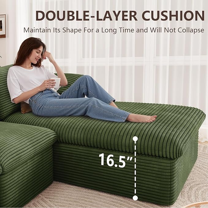 136" Cloud Modular Sectional Sofa with 1 Ottoman, Deep Seat Boneless Couch, Modern Upholstered Corduroy Couches, Comfort U Shaped Sofa for Living Room, No Assembly Required(Green,Right Facing Chaise)