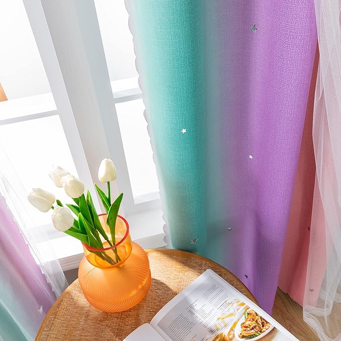 XiDi Blackout Curtains for 84 inches Long, Girls Bedroom Decro, Window Ombre Curtains 2 Panel Sets, Kids Room Unicorn Princess Theme Home Decor Colorful Rainbow Design Pink/Purple/Green