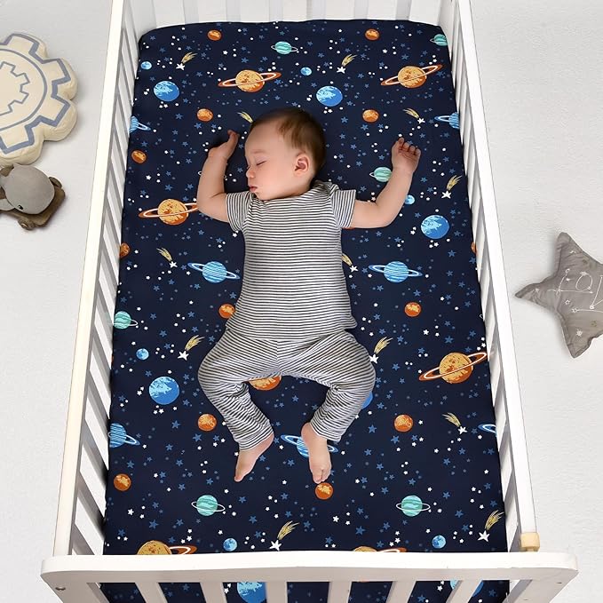PHF 3 Pack Soft Space Crib Sheets Fitted, Silky Comfy Breathable Baby Sheets for Boys Girls Neutral, 28x52 Inches Fits Standard Crib and Toddler Mattresses, Space