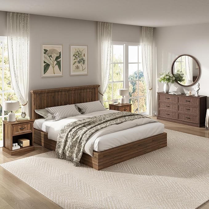 CARPETNAL Farmhouse Dresser and Nightstand Sets for Bedroom, 3 Pcs Bedroom Set, 6 Drawer Dresser & Nightstand Set of 2, Modern Wood Chest of Drawers for Bedroom, Living Room, Entryway, Brown