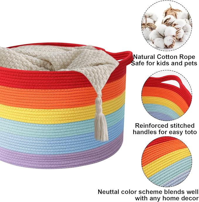 Large Blanket Basket for Organizing,115L Closet Organizers and Storage Bins Box for Shelves Woven Rope Storage Baskets,Living Room,Bedroom,Dorm,Laundry room (Rainbow)