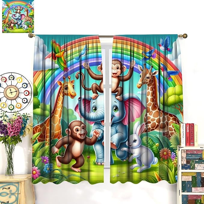 Animals Window Curtain Rod Pocket Kids Boys Girls Forest Giraffe Elephant Monkey Flowers Window Treatment for Baby Children Bedroom Living Room 72" W X 63" L