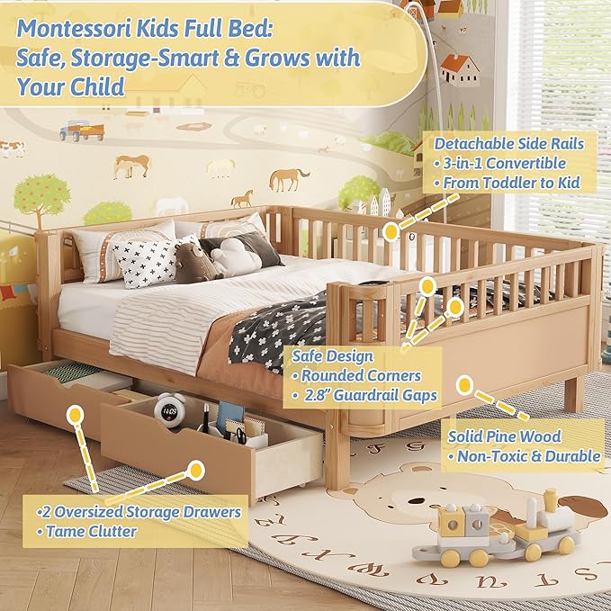 Twin Kids Bed with Storage Drawers & Rails, Wood Low Montessori Beds with Detachable Side Rails & Slats, Modern Daybed for Boys Girls Bedroom, Kids Twin Platform Bed, Natural