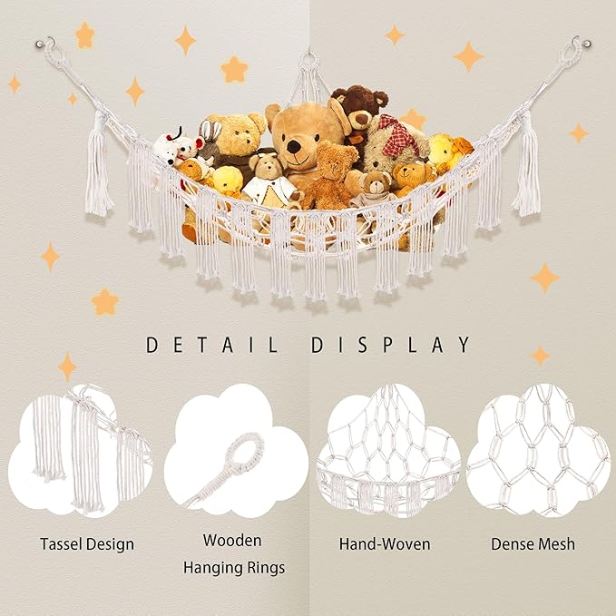 Stuffed Animal Hammock with LED Light, Large Stuffed Animals Storage Corner Plushie Net for Kids Room Decor, White