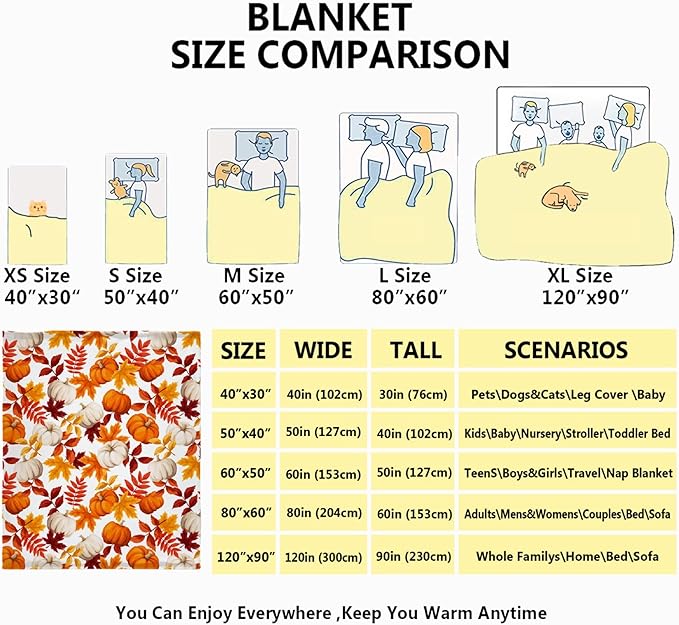Fall Throw Blanket - Pumpkin Maple Leaf Autumn Blanket - Thanksgiving Fall Decor Gift - Ultra Plush Cozy Lightweight Thanksgiving Pumpkin Blanket for Sofa,Bed,Couch - 50"x60"-Teens/Travel Size