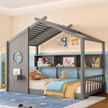 Twin Size Floor House Bed with Roof and Window for Kids, Wooden Playhouse Bed with Storage Shelves for Bedroom Furniture Girls & Boys (Gray/L2, Twin)