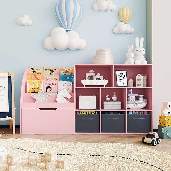 Kids Bookshelf and Toy Storage, Toy Storage Organizers with Movable Drawers & 3 Storage Bins, Kids Reading Nook Toy Organizers Shelf with 5 Cubbies, Pink