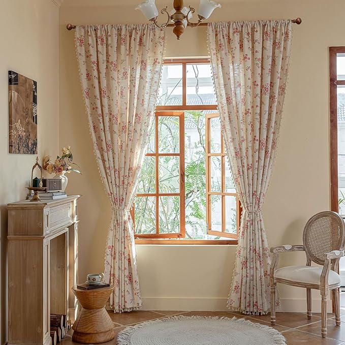 ENJOYBRIDAL Pink Floral Curtains 84 Inches Long 2 Panels Boho Tassel Drapes Farmhouse Bedroom Rod Pocket Semi Sheer Window Curtains Living Room Rustic Dining Room Aesthetic Decor Window Treatments