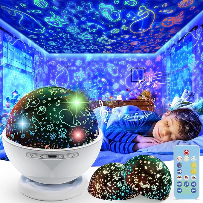 Night Light Projector,Night Light for Kids Room with Remote and Timer,360° Rotation,3 Projection Films,18 Light Modes,8 Lullaby Songs,Kids Night Lamp, Birthday Christmas Gifts for Boys Girls (white)
