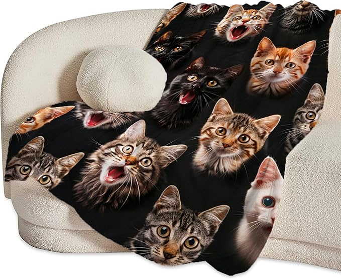 Flannel Cat Throw Blanket, 80"x60", White, Modern Style, Warm, Moisture-Wicking, Perfect for Napping, Reading, Camping, Travel