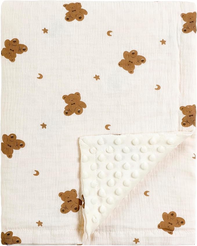 CREVENT 30''X40'' Organic Muslin Cotton Baby Blanket for Newborns, Soft Mink Backing, Essential for Baby Shower Birthday Gift - Bear 75X100cm