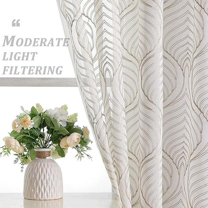 VISIONTEX Sheer Curtains 108 Inches Long 2 Panels Set, Taupe Moroccan Embroidery Texture Geometric Rod Pocket Ivory Voile Tulle Semi Window Treatment Pair for Bedroom, W54 x L108