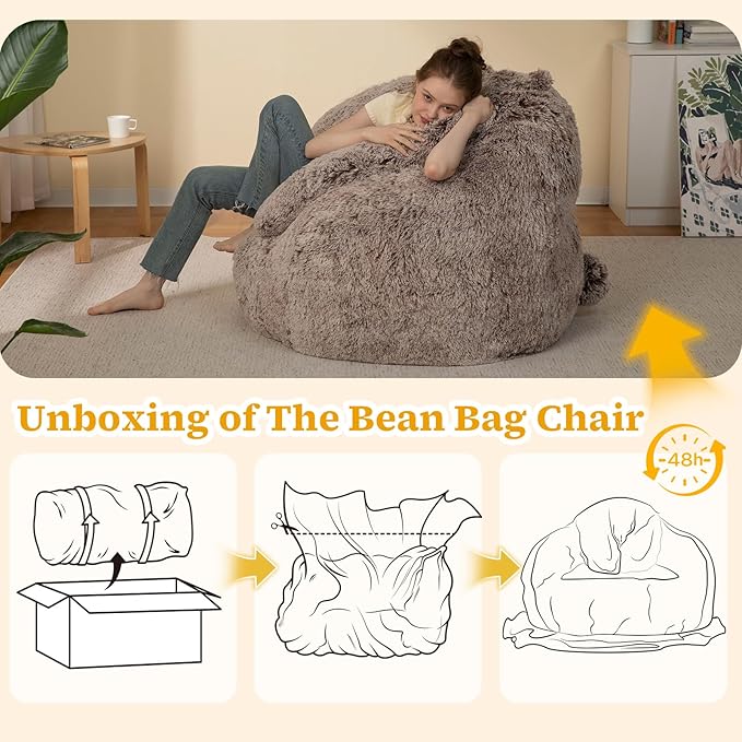 Bean Bag Chair for Adults Kids Giant Fluffy Plush Bean Bag Sofa with Filler Faux Fur Rabbit Shaped Beanbag Chairs Comfy Accent Floor Couch for Gaming, Reading in Bedroom, Living Room, Dorm