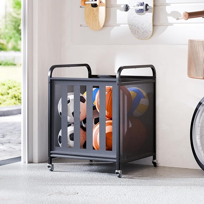 niffgaff Large Rolling Ball Storage Cart – Metal Ball Bin with Lockable Wheels and Elastic Straps, Holds Basketballs, Soccer Balls, Toys and Sports Equipment, Indoor & Outdoor Organizer – Black