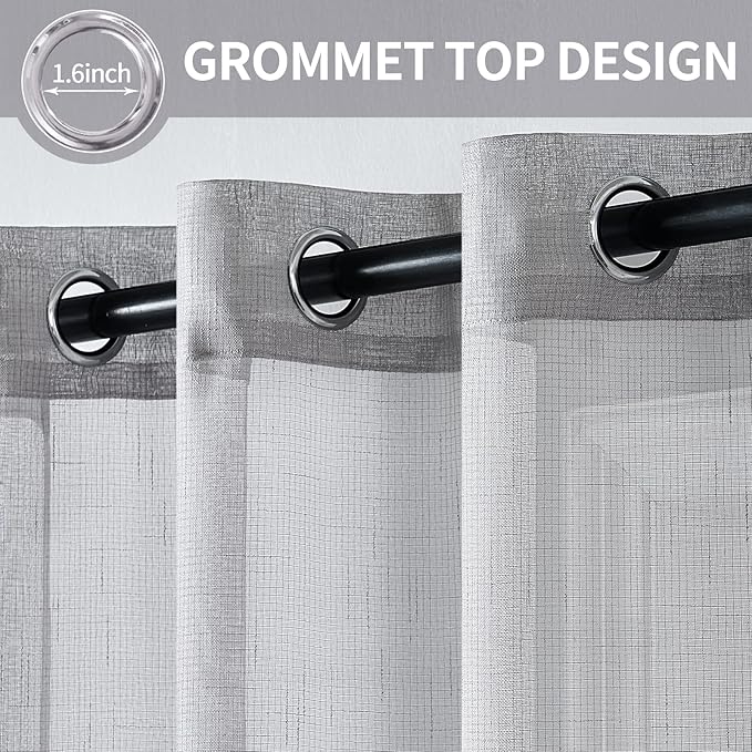 MIULEE 2 Panels Natural Linen Semi Sheer Window Curtains Elegant Solid Light Grey Drapes Grommet Top Window Voile Panels Linen Textured Panels for Bedroom Living Room (52X96 Inch)