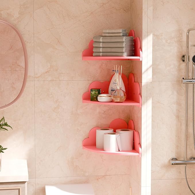 Cloud Floating Corner Shelves - Set of 3 Cloud Corner Wall Shelves for Kid’s Room, Corner Shelf Nursery Wall Deor, Small Cute Cloud Dispaly Shelf Wall Mounted for Toys, Plants & Storage,Pink.
