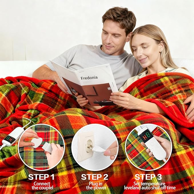 Electric Blanket Heated Twin, Soft Flannel 62"x84" Plaid Heating Blanket with 8 Hours Auto Off 10 Fast Heating Levels Machine Washable Sherpa Heated Blanket with Overheating Protection