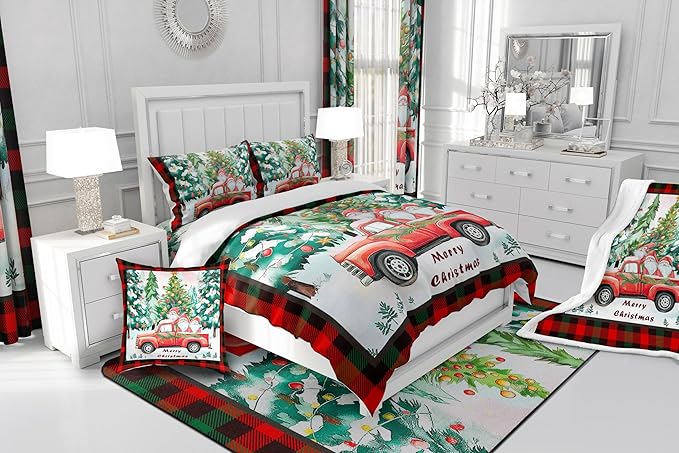 Xmas Theme Comforter Set King Size,Christmas Tree Retro Red Truck Duvet Insert for Kids Boys Girls Room Decor,Black Red Plaid Bedding Set 3Pcs,Cartoon Gnome Merry Christmas Quilt Set,2 Pillowcases