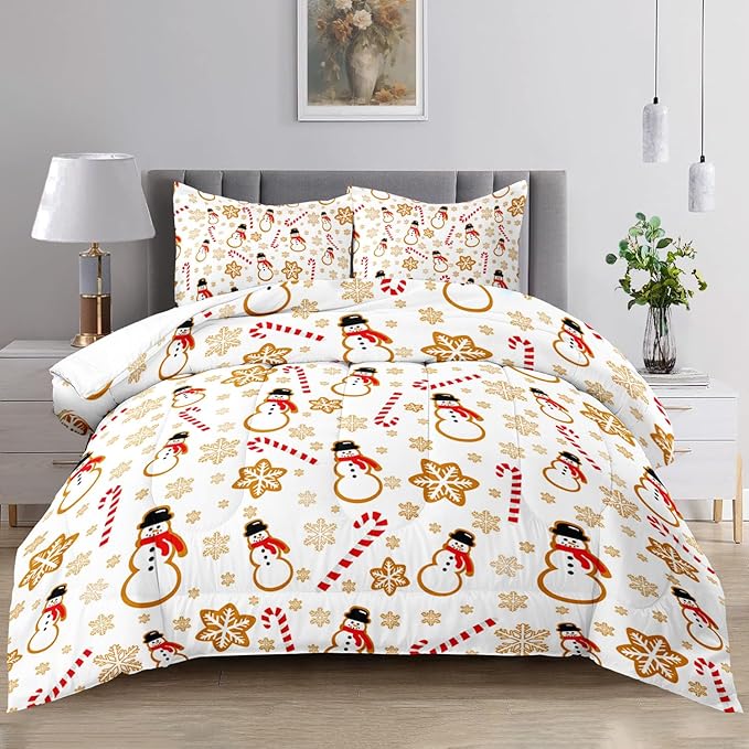 Raphus cucullatus Christmas Bedding Queen,Snowman Christmas Comforter Set,Holiday Bedding Winter Quilt,Snowflake Navidad Comforter Set Queen,Cute Candy Cane Quilt