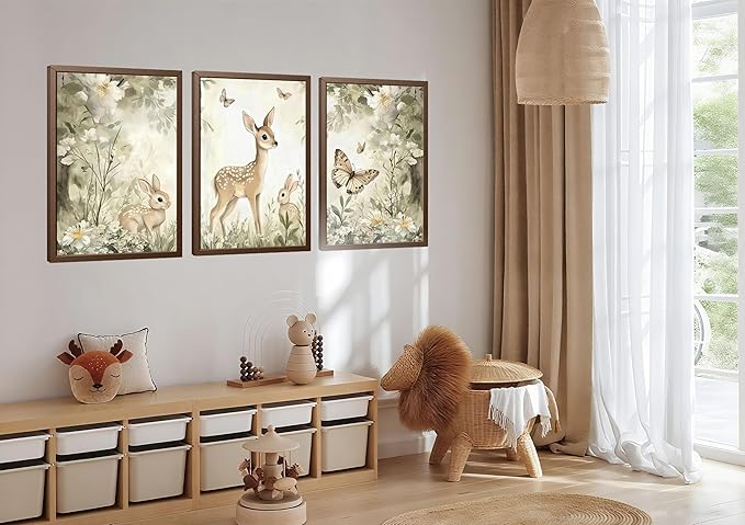 3Pcs Woodland Animal Nursery Canvas Wall Art Cute Forest Animal Wall Decor Pictures Deer and Butterfly Wildflowers Posters Prints for Nursery Bedroom Kids Room Home Decoration Unframed Posters 16x24in