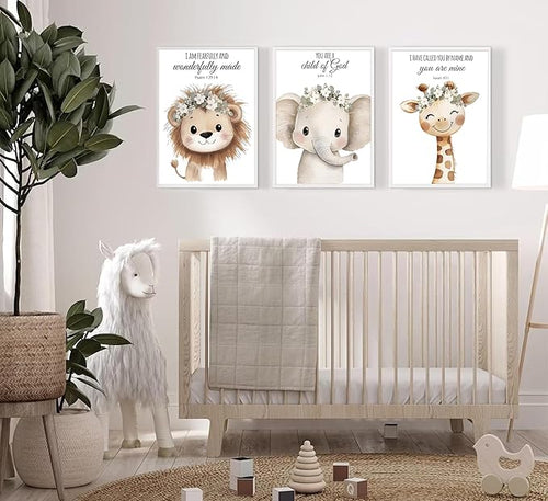 3 Pcs Nursery Bible Verse Animal Wall Art Cute Funny Safari Animals Christian Painting Picture Wall Decor Giraffe Elephant Lion Poster Print Artwork for Boys and Girls Home Decoration Unframed