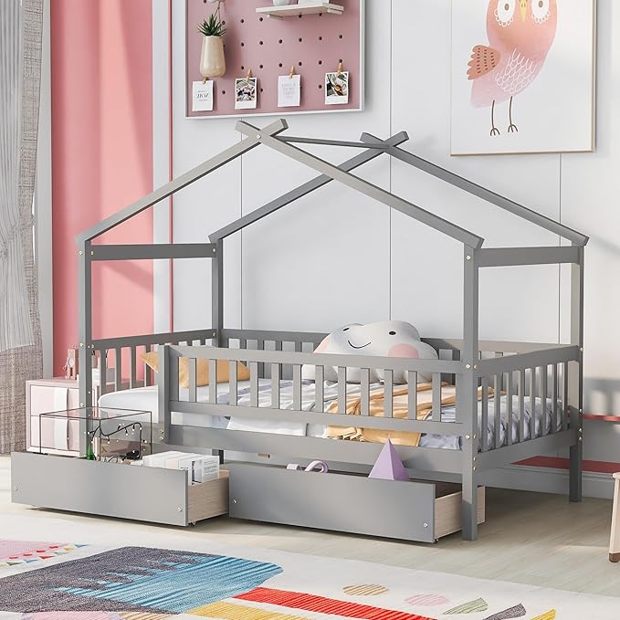 Aoowow Twin Size House Bed with Storage Drawers,Kids Wooden Bed Frame Twin House Bed with Slats and Fence for Boys Girls Teens for Bedroom(Grey)