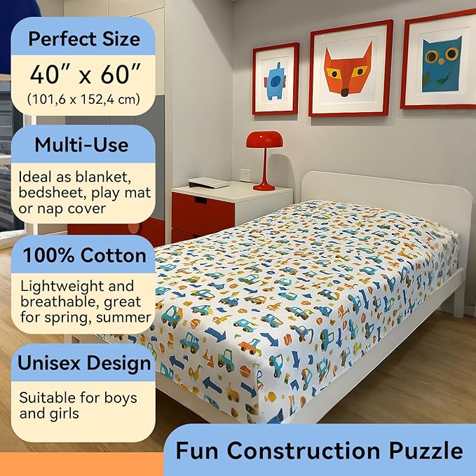 Kids Throw Blanket – Soft Cotton Toddler Blanket with Construction Vehicles Puzzle Pattern, Lightweight Breathable Bed Throw with Stitched Edges, 40 x 60 in (101.6 x 152.4 cm)