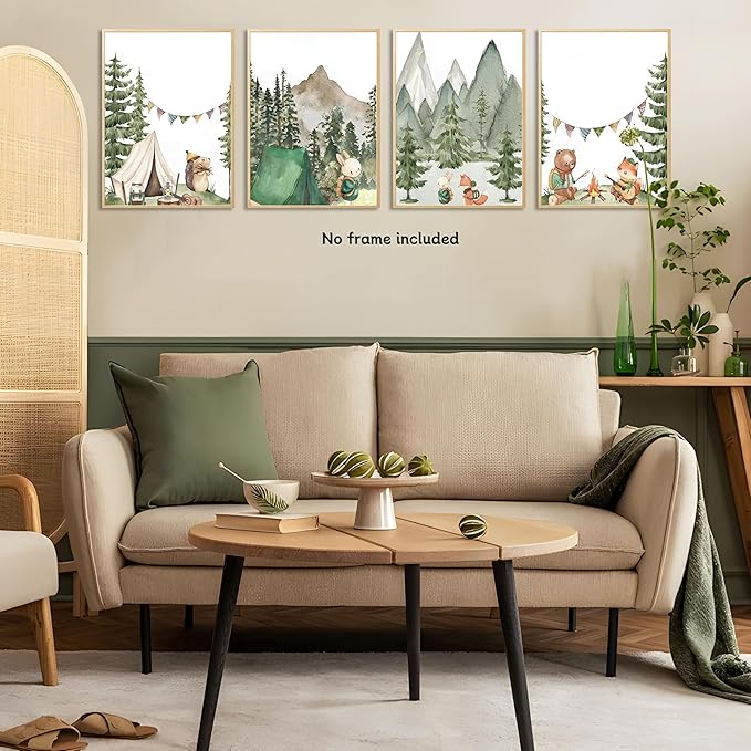 Kousne Woodland Adventure Nursery Canvas Wall Art Set of 4 Camping Animal Prints BearFox Rabbit Hiking PostersForest Mountain Themed Kids Room PictureNature Exploration Wall Decor Frameless 12x16In ﻿